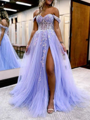 A Line Off the Shoulder Lace Tulle Prom Dress With Slit