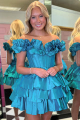 A-Line Off-the-Shoulder Corset Ruffle Tiered Homecoming Dress