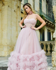 A-line Corset Strapless Tulle Prom Dress with Ruffles