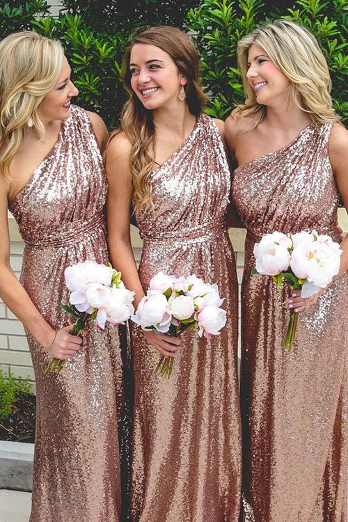 One Shoulder Rose Gold Sequins Sheath Long Bridesmaid Dress