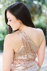 One Shoulder Rose Gold Sequins Sheath Long Bridesmaid Dress