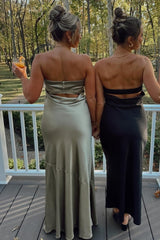 Strapless Olive Green Satin Sheath Long Party Dress