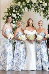 A-line Strapless Printed Floarl Satin Long Bridesmaid Dresses