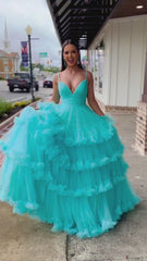 A-line V-Neck Tulle Prom Dress with Tiered Ruffles