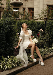 Bodycon Square Neck Satin Short Wedding Dresses with Lantern Sleeves