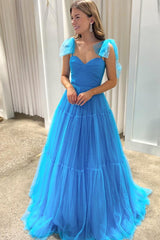 Blue Sweetheart Tie Straps Tulle A-Line Long Prom Dress