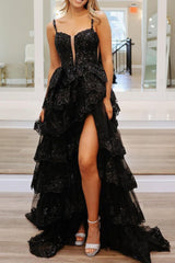 Straps Fuchsia Sequin Layered Formal Dress with Slit