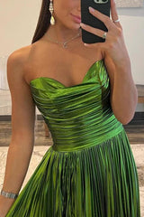 Green Metallic Strapless Pleated A-Line Long Prom Dresses