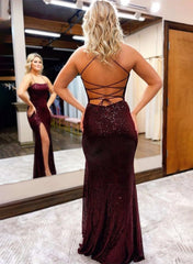 Burgundy Sequin Lace-Up Back Long Prom Dress with Slit