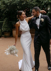 Elegant Mermaid White Halter Satin Wedding Dresses