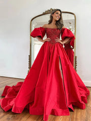 A-Line Off The Shoulder Taffeta Prom Dress With Short Puffy Sleeves