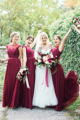 Round Neck Tulle Floor Length Burgundy Bridesmaid Dress