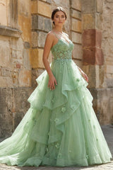 Ball Gown Sweetheart Sage Green Tulle Long Prom Dresses with Appliques