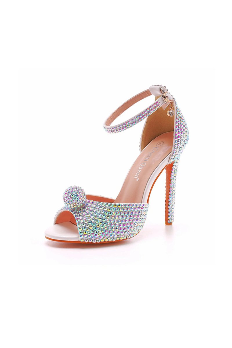 Rhinestone Embellished Open Toe Ankle Strap Stiletto Heels