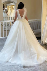 A-Line White Tulle Plunge V Open Back Wedding Dress