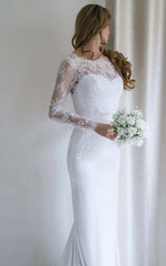 Bateau Lace Long Sleeve Sheath Chiffon Wedding Dress With Sweep Train