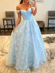 A Line Off the Shoulder Satin Lace Prom Dress