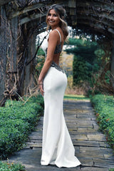Long Spaghetti Straps Mermaid White Wedding Dress with Appliques