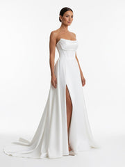 A-Line Strapless White Satin Wedding Dresses with Slit