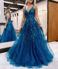 A Line Ink Blue Glitter Tulle Lace Prom Dress