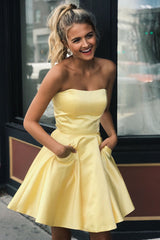 A-Line Strapless Satin Homecoming Dress with Pockets