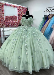 Ball Gown Tulle Off The Shoulder Sage Green Quinceanera Dress