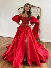 A-Line Off The Shoulder Taffeta Prom Dress With Short Puffy Sleeves