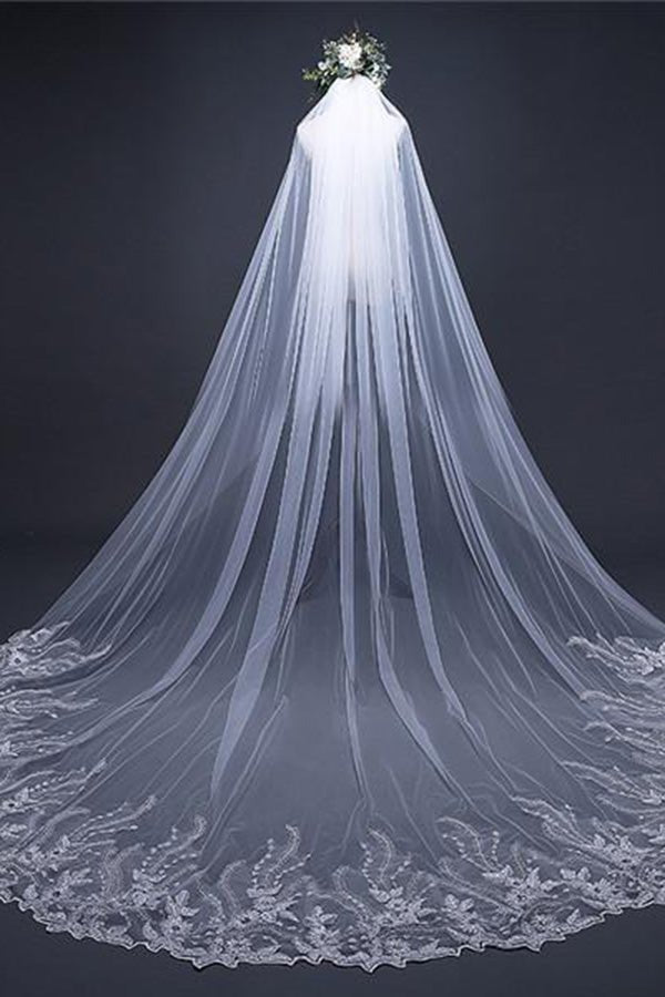 Vintage Long Tulle With Appliques Wedding Veil
