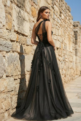 A Line One Shoulder Black Long Prom Dress with Appliques