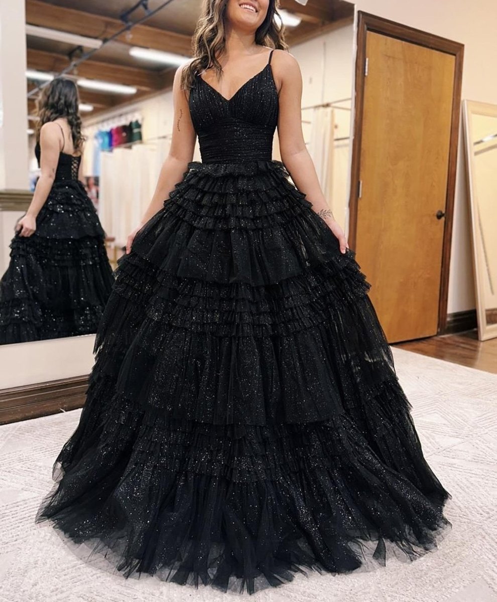 A-Line Deep V Neck Tiered Long Glitter Tulle Prom Dress