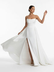 A-Line Strapless White Satin Wedding Dresses with Slit