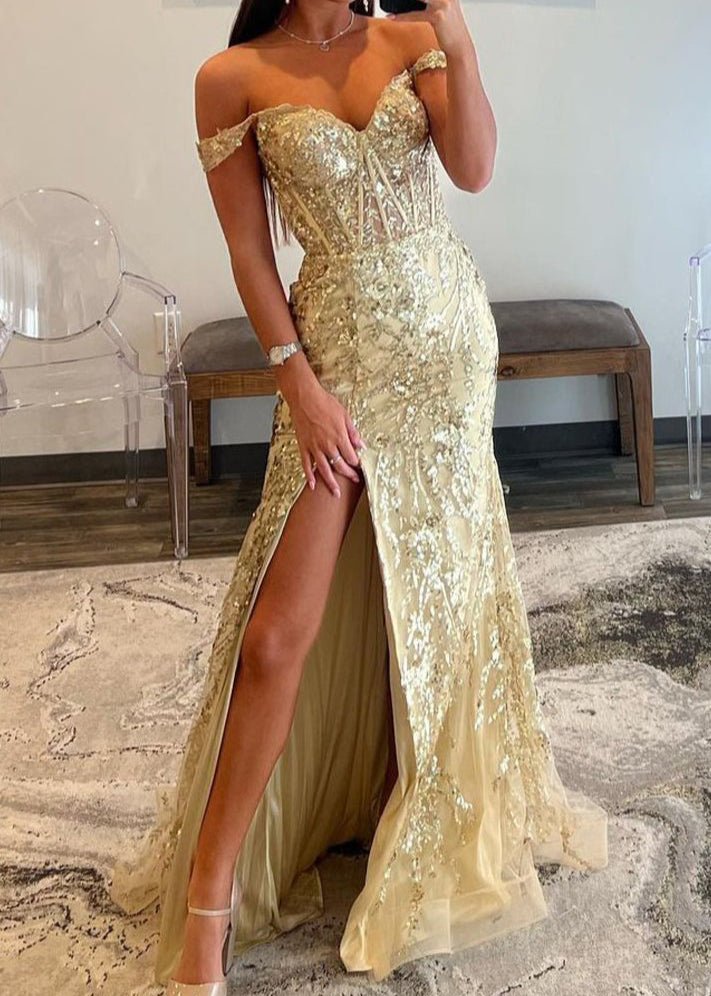 Gold Sequin Lace Off the Shoulder Mermaid Prom Dress