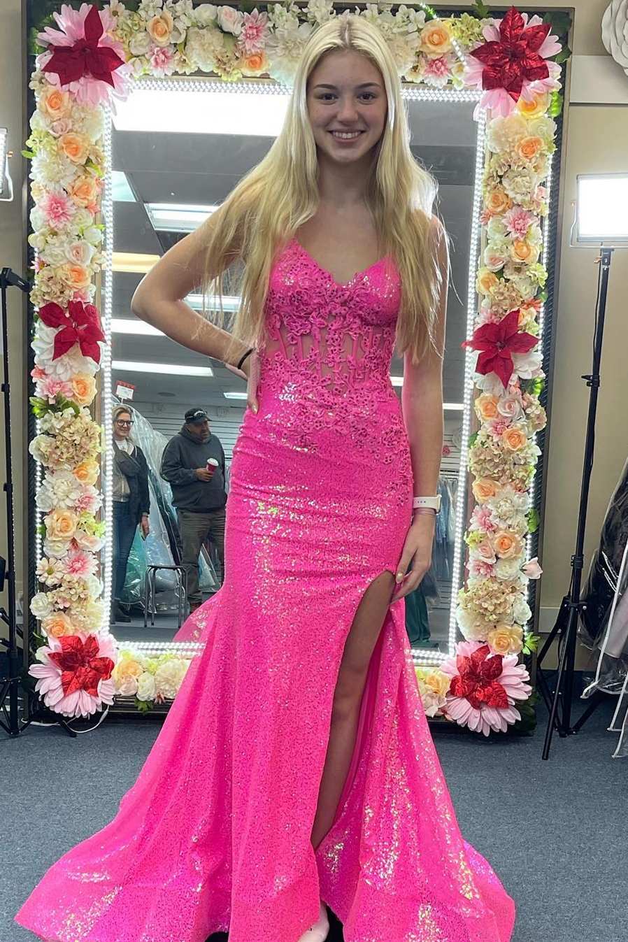 Mermaid V Neck Sequins Prom Dress with Slit