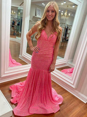 Mermaid Orange V Neck Sequins Prom Dress