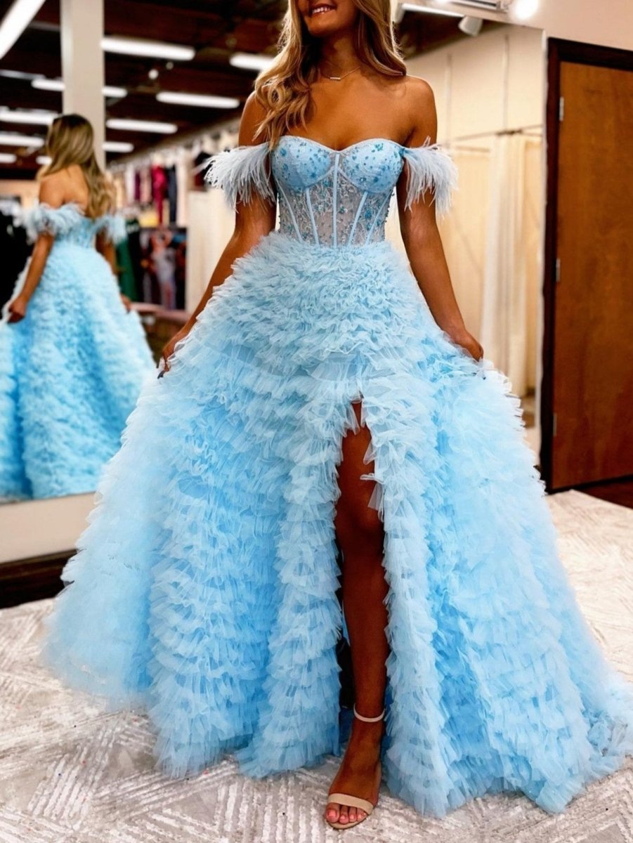 A Line Sweetheart Tiered Tulle Long Prom Dress With Slit