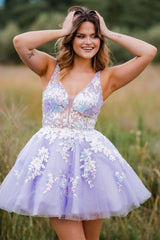Lace Plunge V Backless A-Line Short Homecoming Dress