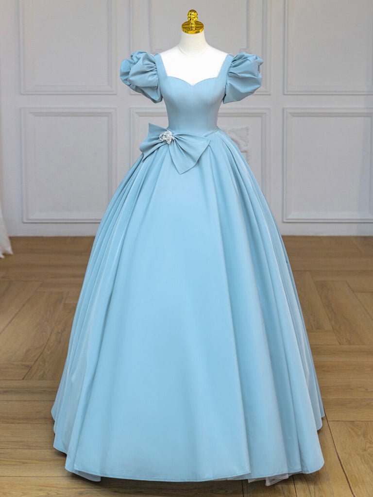 Quinceanera Dress Blue Satin Puff Sleeves Long Prom Gown