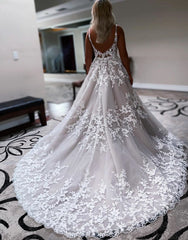 A-Line Sweep Train Deep V-Neck Wedding Dress With Appliques