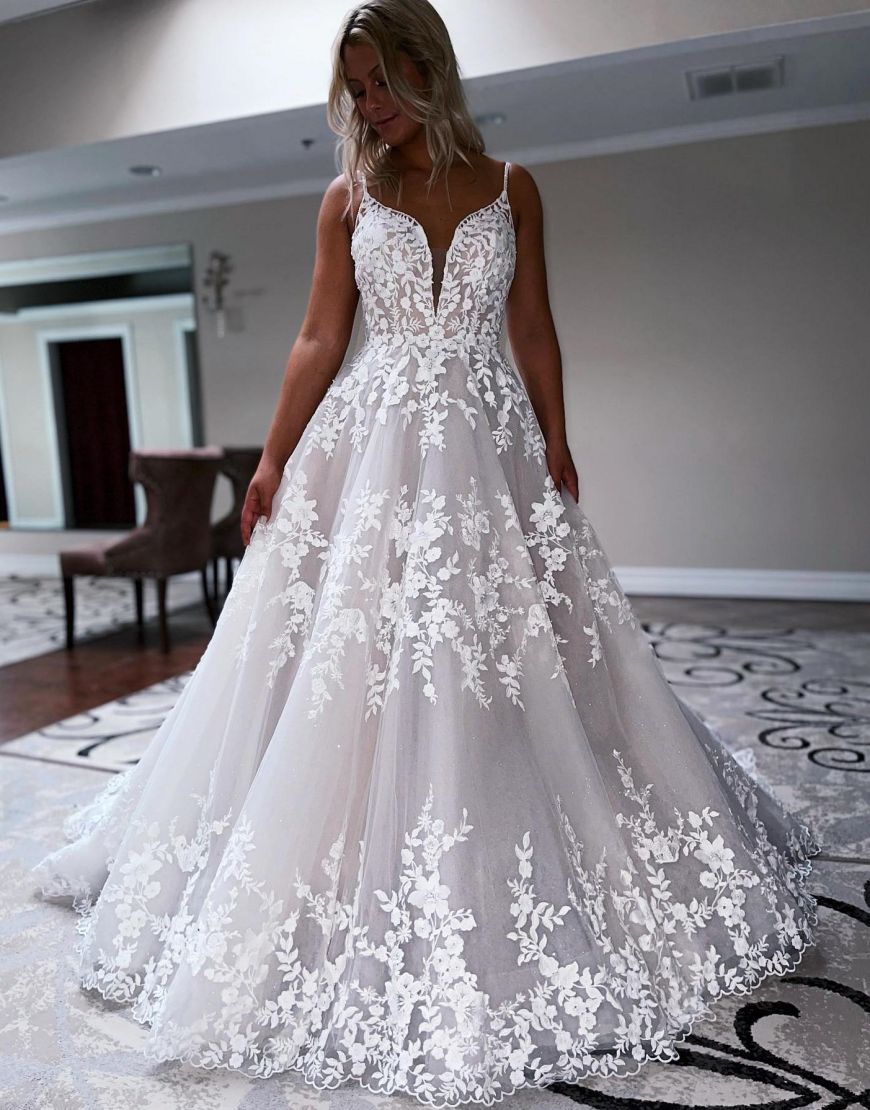 A-Line Sweep Train Deep V-Neck Wedding Dress With Appliques