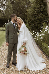 A-Line Long Sleeves Satin Wedding Dresses with V Neck