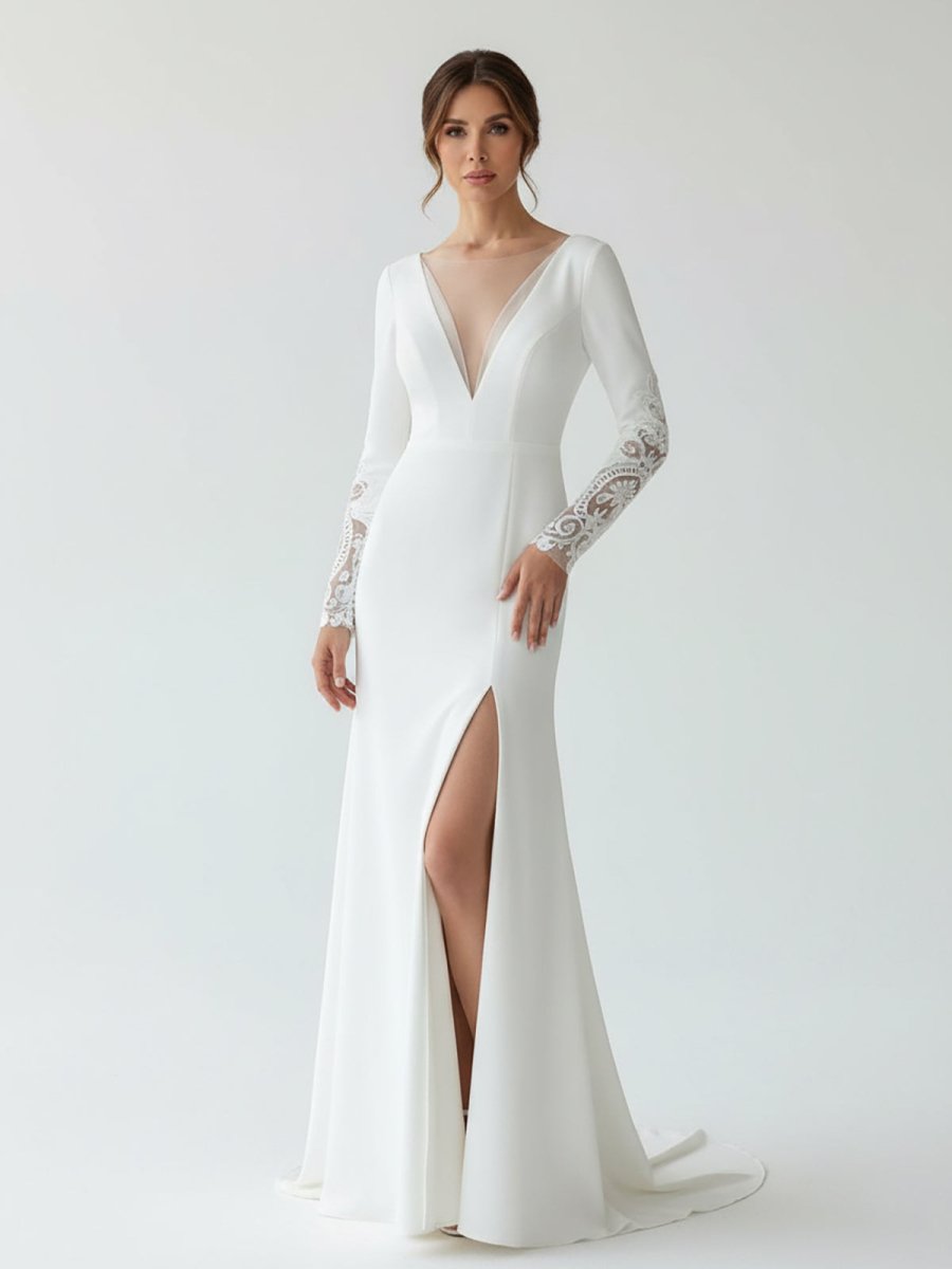 Casual V-neck mermaid Sweep Train Long Sleeve Wedding Dress With Slit
