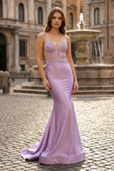 Mermaid V Neck Lavender Satin Long Prom Dresses with Appliques