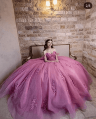 Dusty Rose Off Shoulder Lace 3D Flower Applique Quinceanera Dress