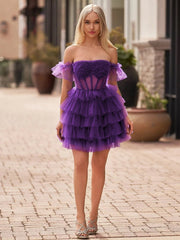 A Line Purple Off-the-Shoulder Lace-Up Ruffle Tiered Homecoming Dress