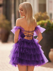 A Line Purple Off-the-Shoulder Lace-Up Ruffle Tiered Homecoming Dress
