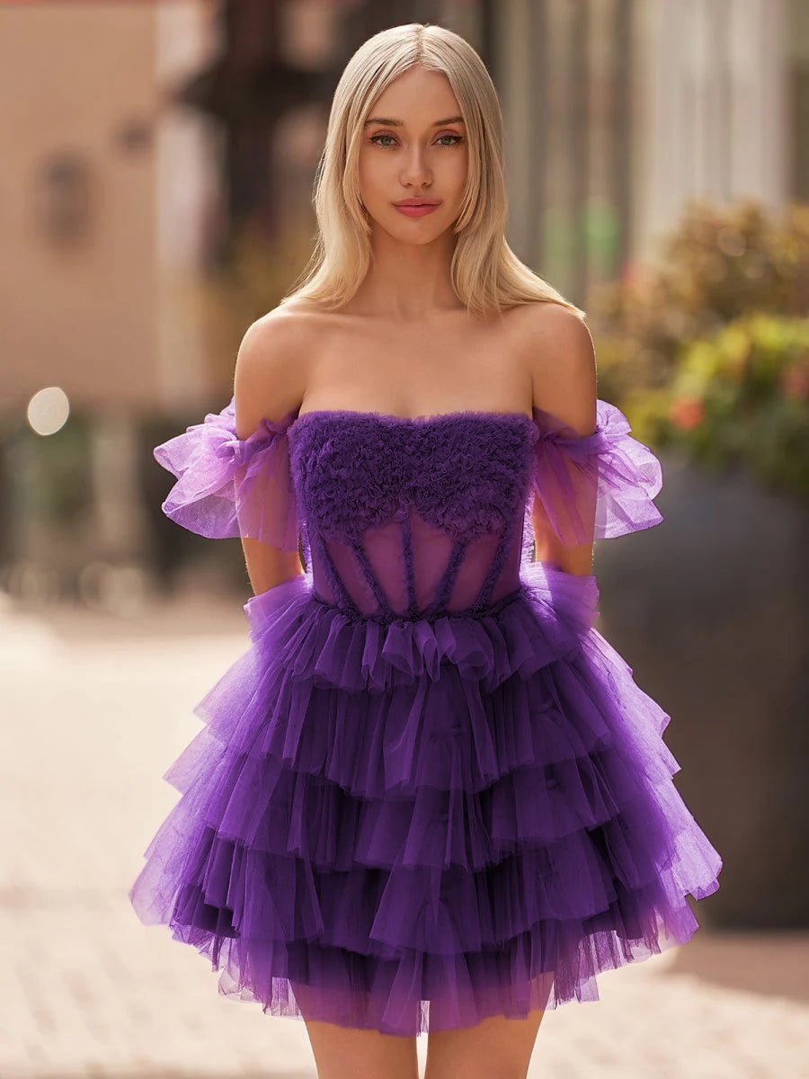 A Line Purple Off-the-Shoulder Lace-Up Ruffle Tiered Homecoming Dress