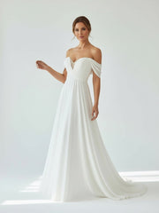 A-Line Chiffon Sleeveless Off-the-Shoulder Wedding Dress with Ruching Floor Length