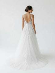 A-Line V Back Long White Wedding Dress with Lace Appliqued