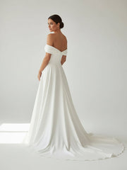 A-Line Chiffon Sleeveless Off-the-Shoulder Wedding Dress with Ruching Floor Length