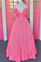 A-line V Neck Sequins Long Prom Dress